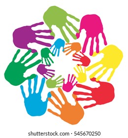 Vector concept or conceptual circle spiral of colorful hand prints made by children isolated on white background