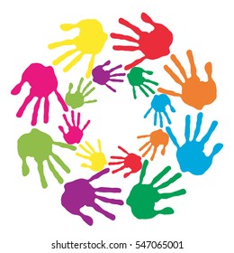 Vector concept or conceptual circle spiral of colorful hand prints made by children isolated on white background for paint, handprint, symbol, people, identity, together, friendship, play, fun designs