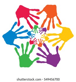 Concepto vectorial o espiral de círculo conceptual de las impresiones coloridas hechas a mano por niños aislados en fondo blanco para pintura, huella de mano, símbolo, personas, identidad, juntos, amistad, juego, diseños divertidos