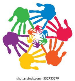 Vector concept or conceptual circle spiral of colorful hand prints made by children isolated on white background for paint, handprint, symbol, people, identity, together, friendship, play, fun designs