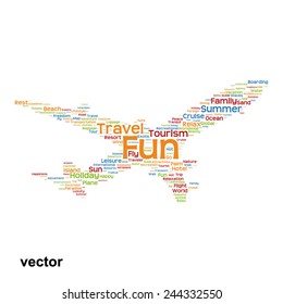 Concepto vectorial o silueta conceptual de plano colorido viajes turismo palabra nube tagcloud aislado en segundo plano, metáfora a vacaciones, familia, verano, transporte, diversión, ocio, crucero a nivel mundial
