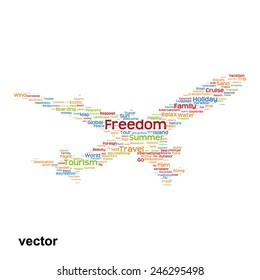 Vector concept or conceptual colorful plane silhouette travel tourism text word cloud tagcloud isolated on background, metaphor to vacation, family, summer, transport, fun, leisure, worldwide cruise