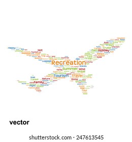 Vector concept or conceptual colorful plane silhouette travel tourism text word cloud tagcloud isolated on background, metaphor to vacation, family, summer, transport, fun, leisure, worldwide cruise