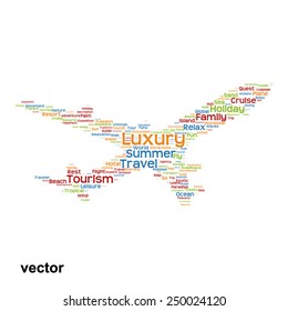 Vector concept or conceptual colorful plane silhouette travel tourism text word cloud tagcloud isolated on background, metaphor to vacation, family, summer, transport, fun, leisure, worldwide cruise