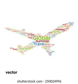Concepto vectorial o silueta conceptual de plano colorido viajes turismo palabra nube tagcloud aislado en segundo plano, metáfora a vacaciones, familia, verano, transporte, diversión, ocio, crucero a nivel mundial