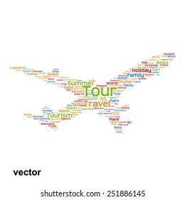 Concepto vectorial o silueta conceptual de plano colorido viajes turismo palabra nube tagcloud aislado en segundo plano, metáfora a vacaciones, familia, verano, transporte, diversión, ocio, crucero a nivel mundial