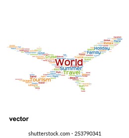 Concepto vectorial o silueta conceptual de plano colorido viajes turismo palabra nube tagcloud aislado en segundo plano, metáfora a vacaciones, familia, verano, transporte, diversión, ocio, crucero a nivel mundial
