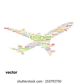 Vector concept or conceptual colorful plane silhouette travel tourism text word cloud tagcloud isolated on background, metaphor to vacation, family, summer, transport, fun, leisure, worldwide cruise