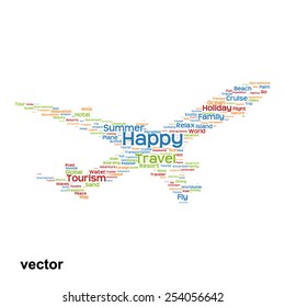 Vector concept or conceptual colorful plane silhouette travel tourism text word cloud tagcloud isolated on background, metaphor to vacation, family, summer, transport, fun, leisure, worldwide cruise