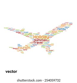 Vector concept or conceptual colorful plane silhouette travel tourism text word cloud tagcloud isolated on background, metaphor to vacation, family, summer, transport, fun, leisure, worldwide cruise