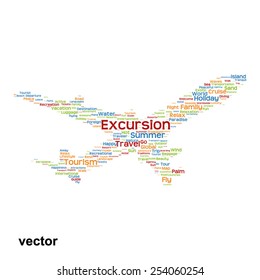 Vector concept or conceptual colorful plane silhouette travel tourism text word cloud tagcloud isolated on background, metaphor to vacation, family, summer, transport, fun, leisure, worldwide cruise