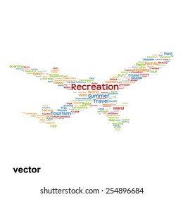 Concepto vectorial o silueta conceptual de plano colorido viajes turismo palabra nube tagcloud aislado en segundo plano, metáfora a vacaciones, familia, verano, transporte, diversión, ocio, crucero a nivel mundial