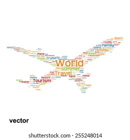 Vector concept or conceptual colorful plane silhouette travel tourism text word cloud tagcloud isolated on background, metaphor to vacation, family, summer, transport, fun, leisure, worldwide cruise