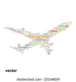 Vector concept or conceptual colorful plane silhouette travel tourism text word cloud tagcloud isolated on background, metaphor to vacation, family, summer, transport, fun, leisure, worldwide cruise
