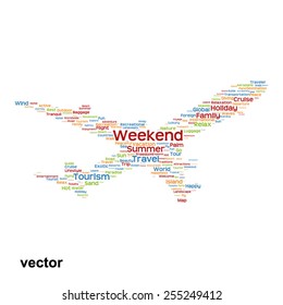 Vector concept or conceptual colorful plane silhouette travel tourism text word cloud tagcloud isolated on background, metaphor to vacation, family, summer, transport, fun, leisure, worldwide cruise
