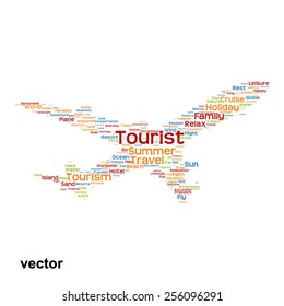 Concepto vectorial o silueta conceptual de plano colorido viajes turismo palabra nube tagcloud aislado en segundo plano, metáfora a vacaciones, familia, verano, transporte, diversión, ocio, crucero a nivel mundial