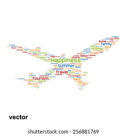 Vector concept or conceptual colorful plane silhouette travel tourism text word cloud tagcloud isolated on background, metaphor to vacation, family, summer, transport, fun, leisure, worldwide cruise
