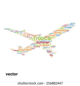 Vector concept or conceptual colorful plane silhouette travel tourism text word cloud tagcloud isolated on background, metaphor to vacation, family, summer, transport, fun, leisure, worldwide cruise