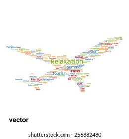 Vectorkonzept oder konzeptuell bunter Flugzeug Silhouette Reise Tourismus Text-Wolke Tagcloud einzeln auf dem Hintergrund, Metapher zu Urlaub, Familie, Sommer, Verkehr, Spaß, Freizeit, weltweite Kreuzfahrt