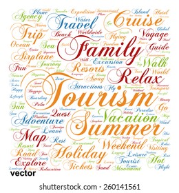 Vetor conceito ou conceitual colorido viagem ou turismo texto palavra nuvem tagcloud isolado no fundo branco, metáfora para férias, família, verão, viagem, transporte, diversão, lazer, cruzeiro mundial