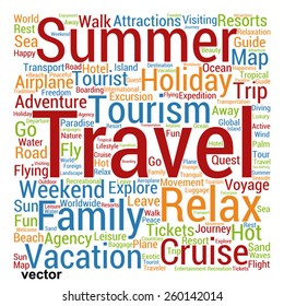 Vector concept or conceptual colorful travel or tourism text word cloud tagcloud isolated on white background, metaphor to vacation, family, summer, voyage, transport, fun, leisure, worldwide cruise