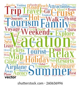 Vector concept or conceptual colorful travel or tourism text word cloud tagcloud isolated on white background, metaphor to vacation, family, summer, voyage, transport, fun, leisure, worldwide cruise