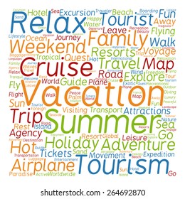 Vector concept or conceptual colorful travel or tourism text word cloud tagcloud isolated on white background, metaphor to vacation, family, summer, voyage, transport, fun, leisure, worldwide cruise