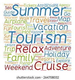 Vector concept or conceptual colorful travel or tourism text word cloud tagcloud isolated on white background, metaphor to vacation, family, summer, voyage, transport, fun, leisure, worldwide cruise