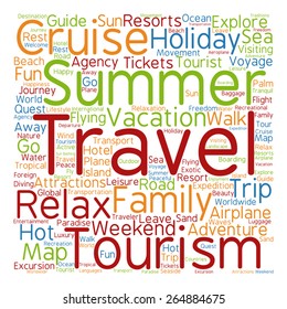 Vector concept or conceptual colorful travel or tourism text word cloud tagcloud isolated on white background, metaphor to vacation, family, summer, voyage, transport, fun, leisure, worldwide cruise