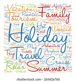 Vector concept or conceptual colorful travel or tourism text word cloud tagcloud isolated on white background, metaphor to vacation, family, summer, voyage, transport, fun, leisure, worldwide cruise
