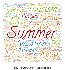 Vector concept or conceptual colorful travel or tourism text word cloud tagcloud isolated on white background, metaphor to vacation, family, summer, voyage, transport, fun, leisure, worldwide cruise