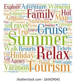 Vector concept or conceptual colorful travel or tourism text word cloud tagcloud isolated on white background, metaphor to vacation, family, summer, voyage, transport, fun, leisure, worldwide cruise