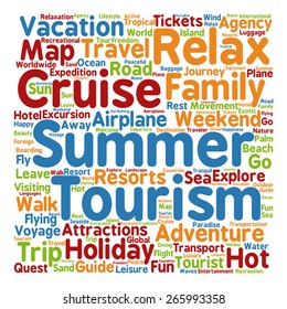 Vector concept or conceptual colorful travel or tourism text word cloud tagcloud isolated on white background, metaphor to vacation, family, summer, voyage, transport, fun, leisure, worldwide cruise