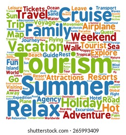 Vector concept or conceptual colorful travel or tourism text word cloud tagcloud isolated on white background, metaphor to vacation, family, summer, voyage, transport, fun, leisure, worldwide cruise