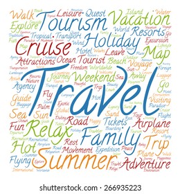 Vector concept or conceptual colorful travel or tourism text word cloud tagcloud isolated on white background, metaphor to vacation, family, summer, voyage, transport, fun, leisure, worldwide cruise