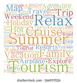Vector concept or conceptual colorful travel or tourism text word cloud tagcloud isolated on white background, metaphor to vacation, family, summer, voyage, transport, fun, leisure, worldwide cruise