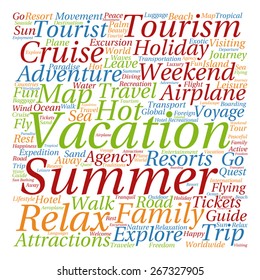 Vector concept or conceptual colorful travel or tourism text word cloud tagcloud isolated on white background, metaphor to vacation, family, summer, voyage, transport, fun, leisure, worldwide cruise