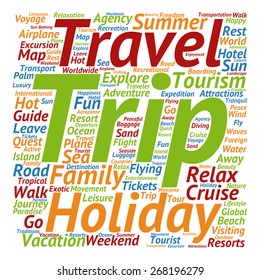 Vector concept or conceptual colorful travel or tourism text word cloud tagcloud isolated on white background, metaphor to vacation, family, summer, voyage, transport, fun, leisure, worldwide cruise