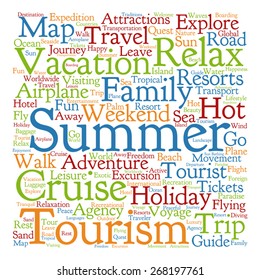 Vector concept or conceptual colorful travel or tourism text word cloud tagcloud isolated on white background, metaphor to vacation, family, summer, voyage, transport, fun, leisure, worldwide cruis