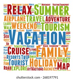 Vector concept or conceptual colorful travel or tourism text word cloud tagcloud isolated on white background, metaphor to vacation, family, summer, voyage, transport, fun, leisure, worldwide cruis