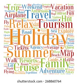 Vector concept or conceptual colorful travel or tourism text word cloud tagcloud isolated on white background, metaphor to vacation, family, summer, voyage, transport, fun, leisure, worldwide cruise