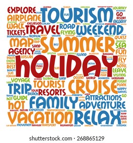 Vector concept or conceptual colorful travel or tourism text word cloud tagcloud isolated on white background, metaphor to vacation, family, summer, voyage, transport, fun, leisure, worldwide cruise
