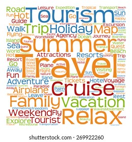 Vector concept or conceptual colorful travel or tourism text word cloud tagcloud isolated on white background, metaphor to vacation, family, summer, voyage, transport, fun, leisure, worldwide cruise