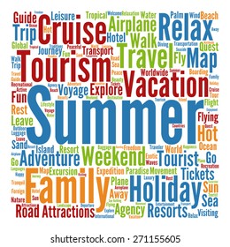 Vector concept or conceptual colorful travel or tourism text word cloud tagcloud isolated on white background, metaphor to vacation, family, summer, voyage, transport, fun, leisure, worldwide cruise