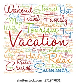 Vector concept or conceptual colorful travel or tourism text word cloud tagcloud isolated on white background, metaphor to vacation, family, summer, voyage, transport, fun, leisure, worldwide cruise