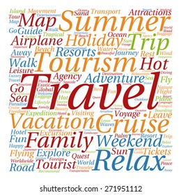 Vector concept or conceptual colorful travel or tourism text word cloud tagcloud isolated on white background, metaphor to vacation, family, summer, voyage, transport, fun, leisure, worldwide cruise