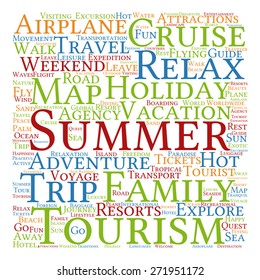 Vector concept or conceptual colorful travel or tourism text word cloud tagcloud isolated on white background, metaphor to vacation, family, summer, voyage, transport, fun, leisure, worldwide cruise
