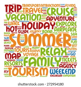 Vector concept or conceptual colorful travel or tourism text word cloud tagcloud isolated on white background, metaphor to vacation, family, summer, voyage, transport, fun, leisure, worldwide cruise