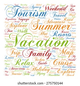 Vector concept or conceptual colorful travel or tourism text word cloud tagcloud isolated on white background, metaphor to vacation, family, summer, voyage, transport, fun, leisure, worldwide cruise