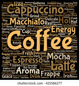 Vector concept conceptual creative hot coffee, cappuccino or espresso square word cloud isolated on background, metaphor to morning, restaurant, italian, beverage, cafeteria, break, energy or taste